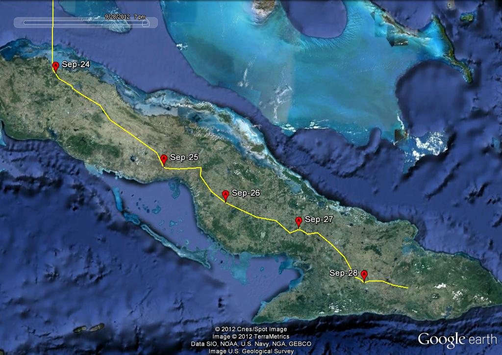 Art’s route and roost sites in Cuba